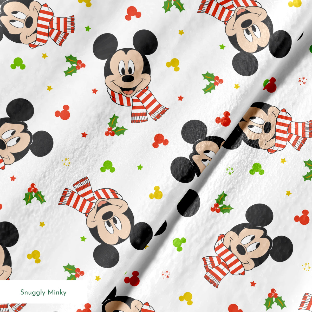 Mickey Mouse wearing red striped scarves, surrounded by holly and colorful icons on white background springs minky texture