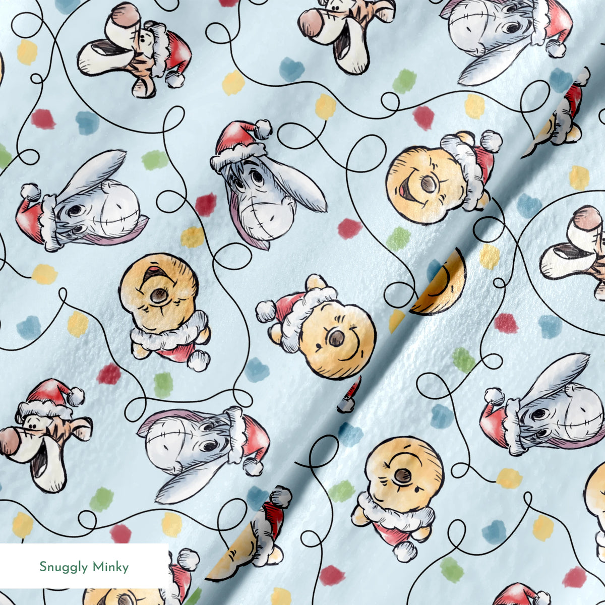 Winnie the Pooh Christmas pattern with Pooh bear, Eeyore, and Tigger in Santa hats on blue background springs minky texture