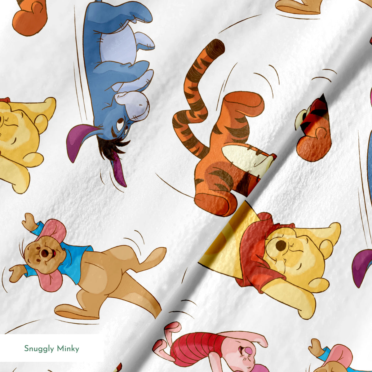 Colorful pattern featuring Winnie the Pooh characters jumping and bouncing on white background springs minky texture