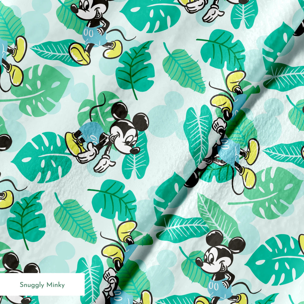Colorful pattern with cartoon mice characters and tropical green leaves on a light blue background springs minky texture