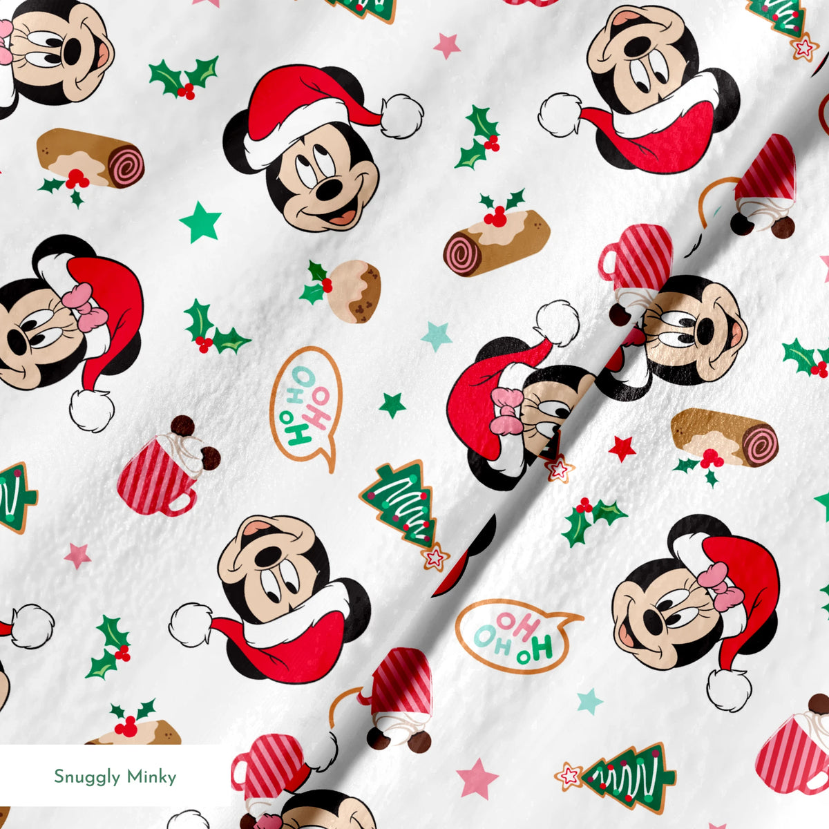 Mickey Mouse Christmas pattern with Santa hats, holly, speech bubbles, and festive decorations on white background springs minky texture