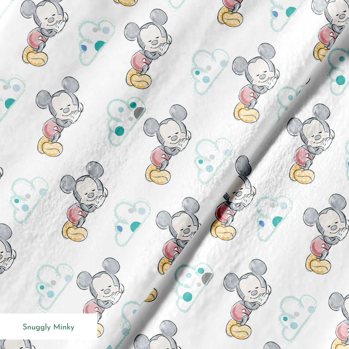 Cute cartoon mouse characters sleeping peacefully on white background with mint green clouds pattern springs minky texture