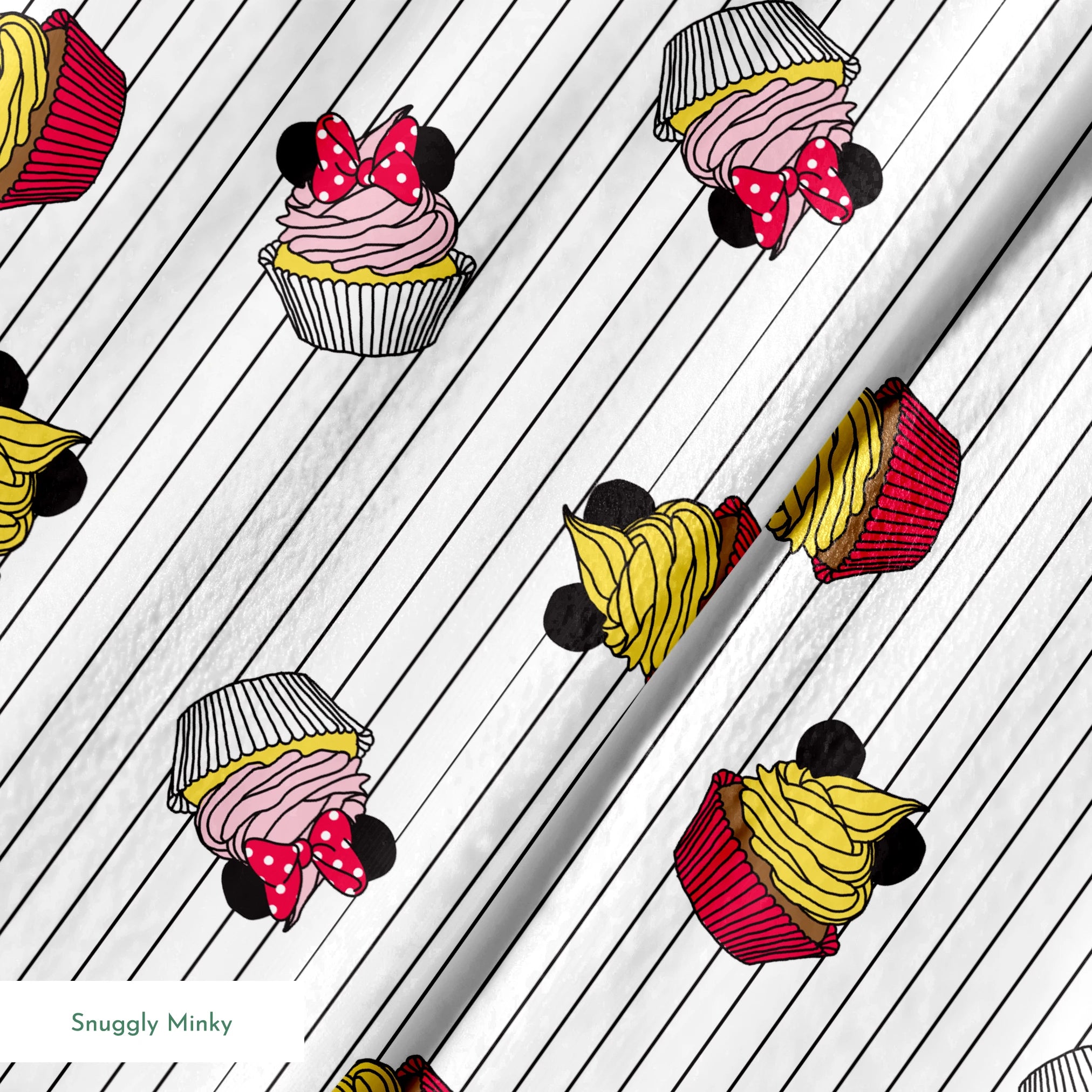 Colorful cartoon cupcakes with Mickey Mouse ears and bows scattered on striped background springs minky texture