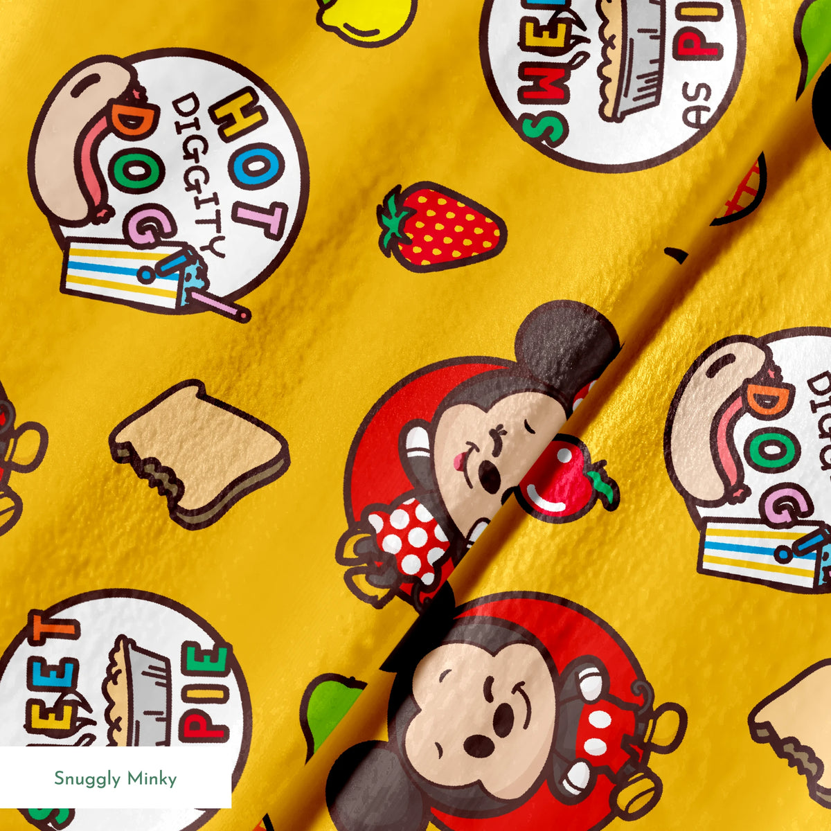 Mickey & Minnie Mouse with round badges on yellow background with fruit icons and toast patterns springs minky texture