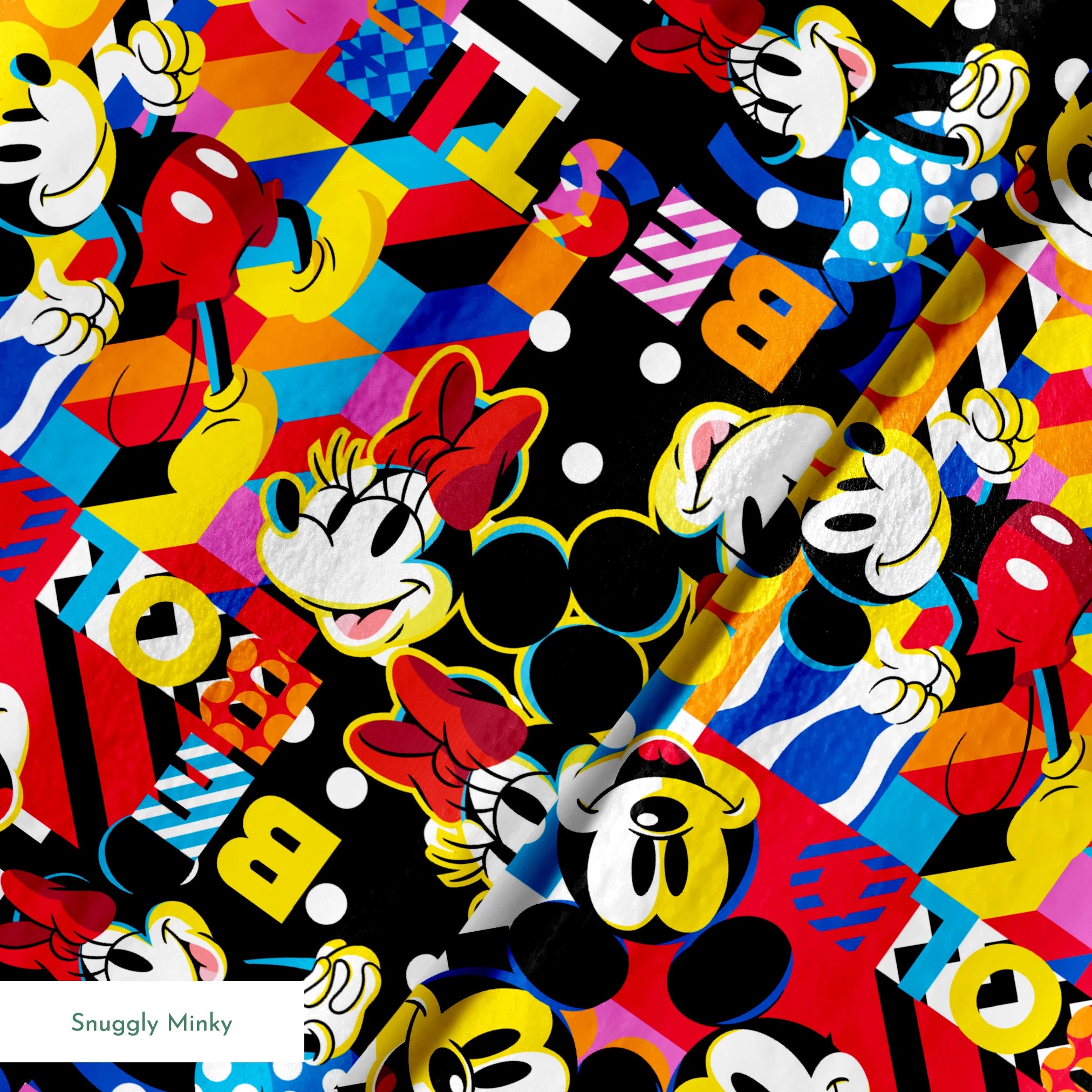 Vibrant pop art collage of Mickey Mouse in various poses against colorful geometric patterns and backgrounds springs minky texture
