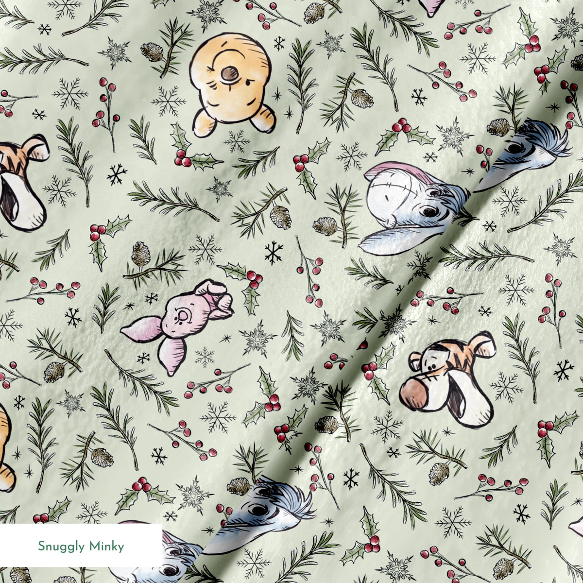 Whimsical holiday pattern with cartoon animals, pine branches, berries, and snowflakes on mint green springs minky texture