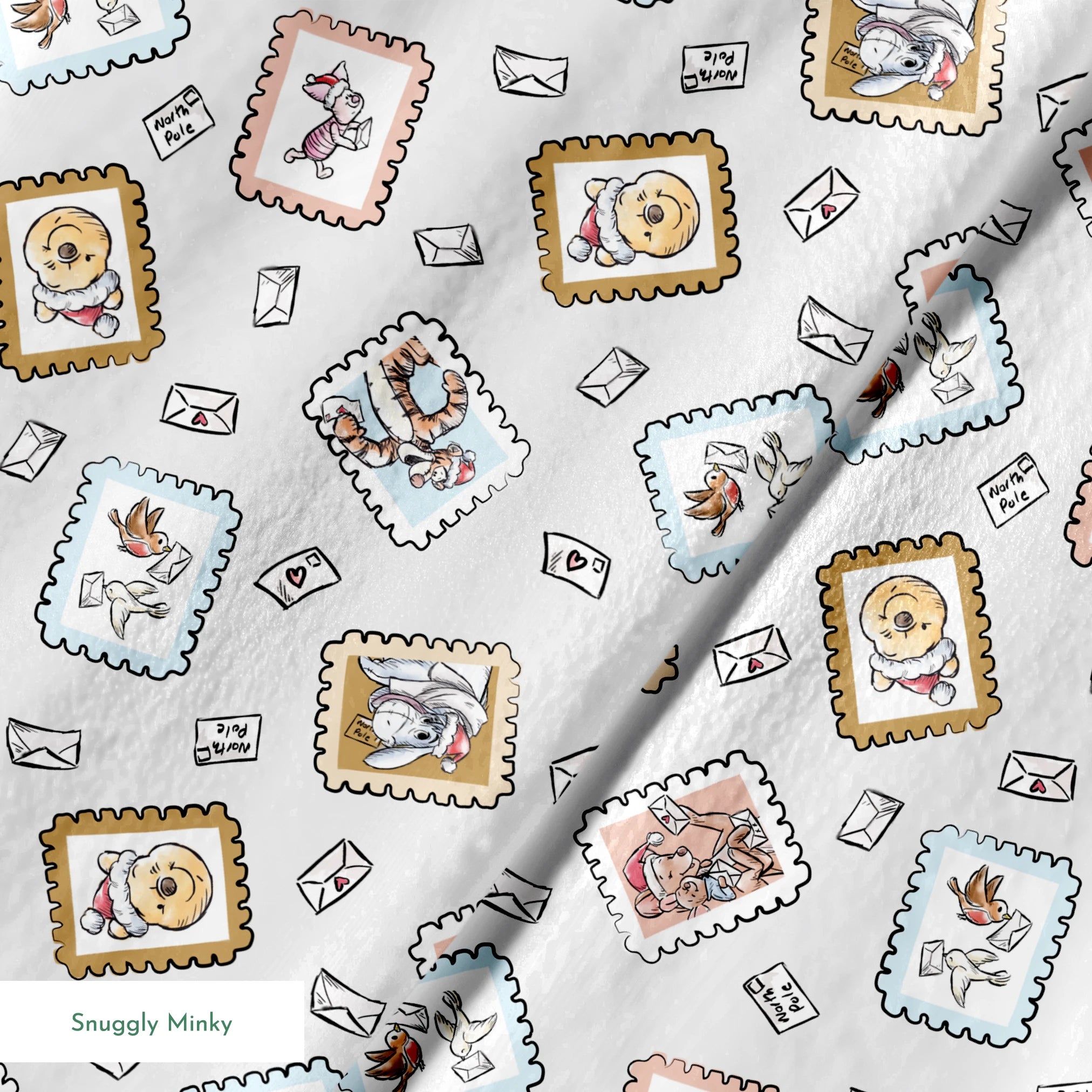Vintage-style postage stamps with fairy tale illustrations on a light gray background with envelo... springs minky texture