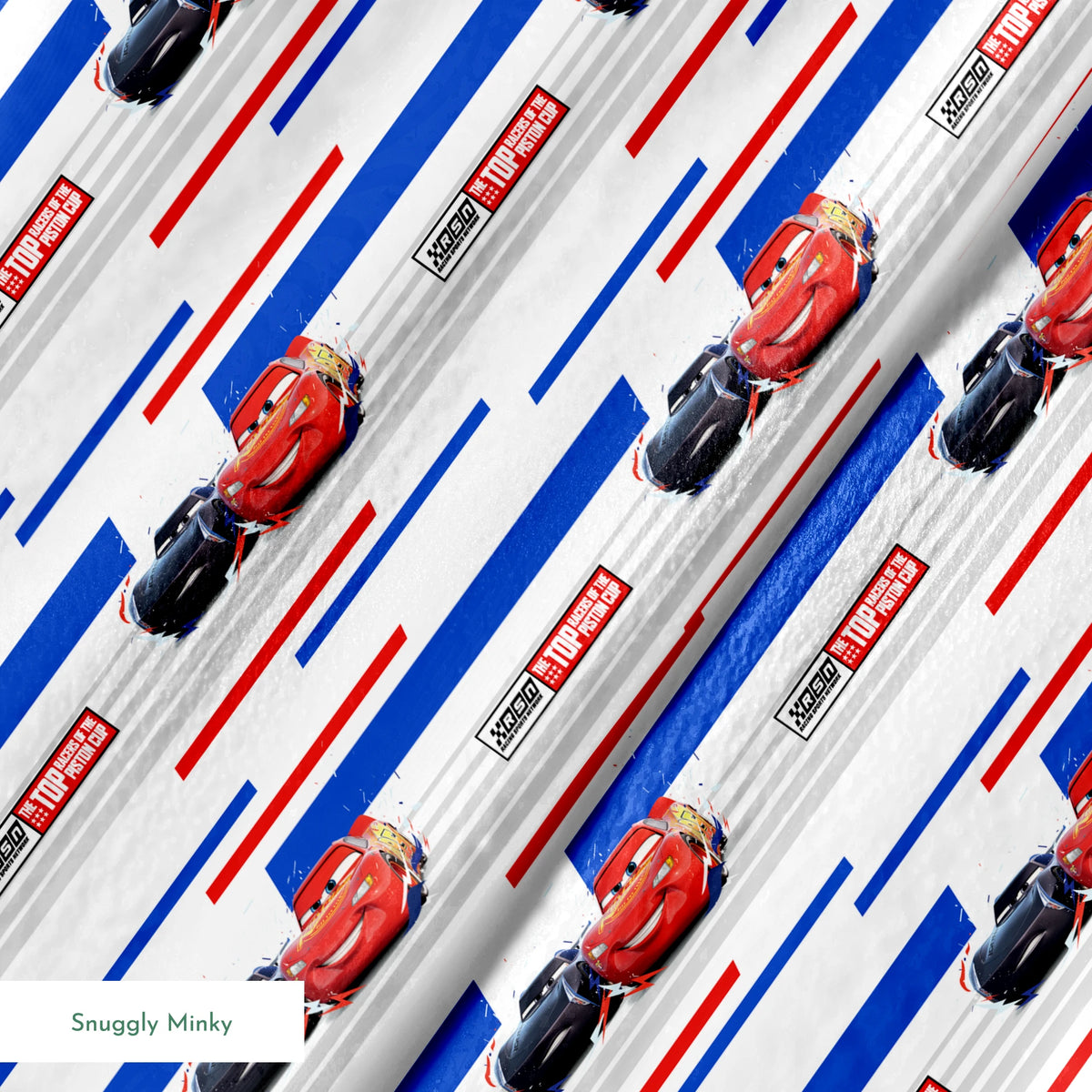 Red and black race cars from Disney Pixar's Cars movie on striped blue, white, and red background with XSpeed logo springs minky texture