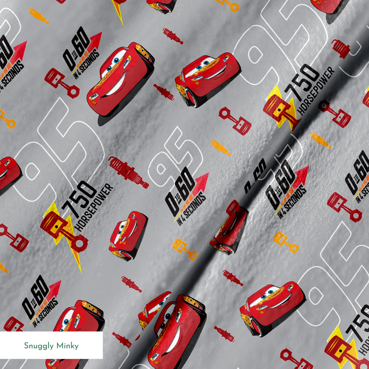 Red race cars with number 95 on gray background with racing graphics and "750 horsepower" text springs minky texture