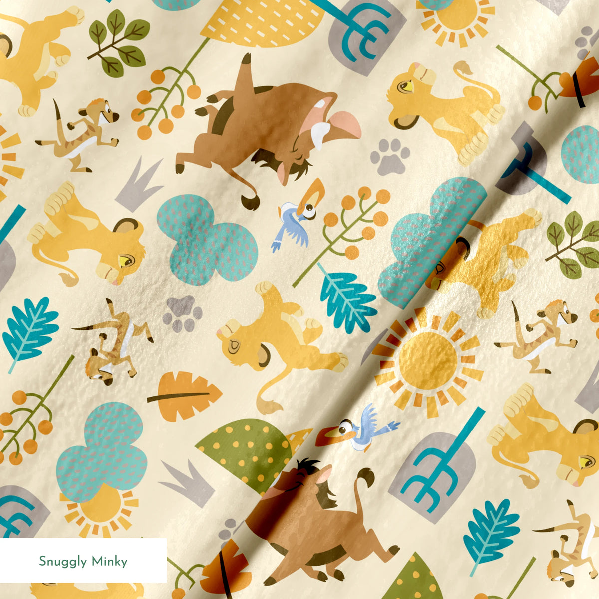 Playful Lion King pattern with brown bears, yellow puppies, blue clouds, stylized trees, and sun motifs on cream background springs minky texture