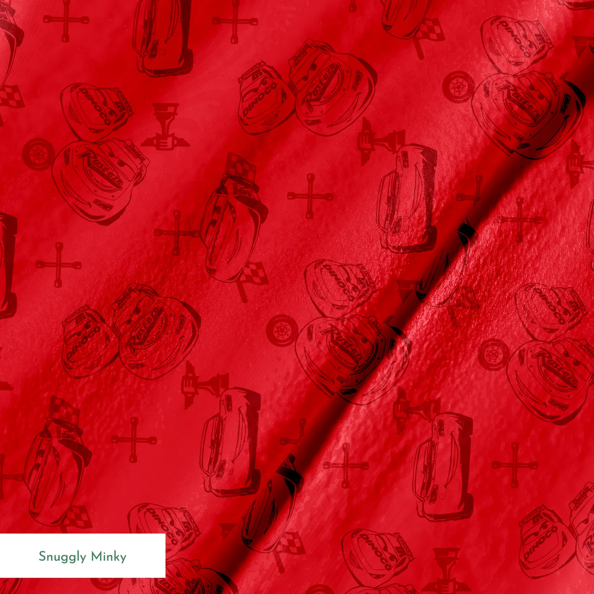 Red background with hand-drawn cartoon cars, tires, and tools in a repeating pattern springs minky texture