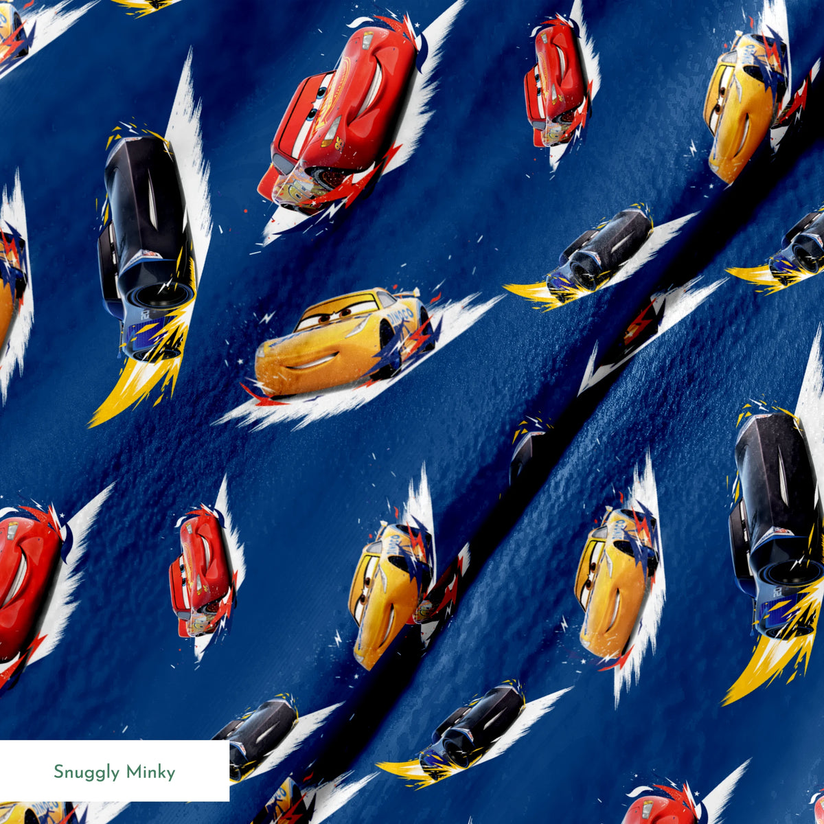 Animated race cars from Disney's Cars movie speeding across a blue background with white motion streaks springs minky texture
