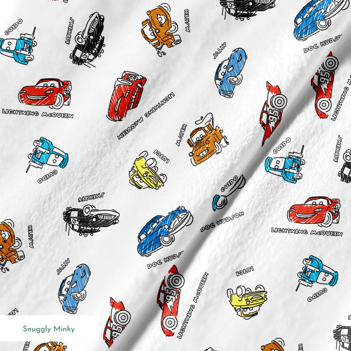 Colorful cartoon race cars in various colors scattered on white background with small text labels springs minky texture