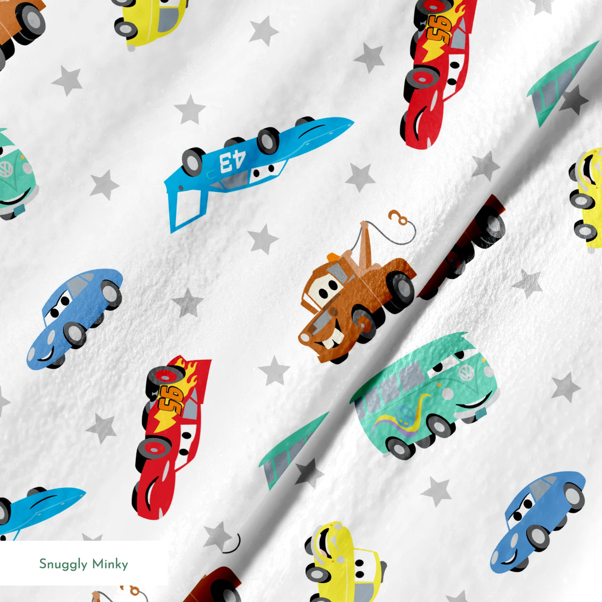 Cartoon vehicles pattern with colorful cars, trucks, and racing cars on white background with gray stars springs minky texture