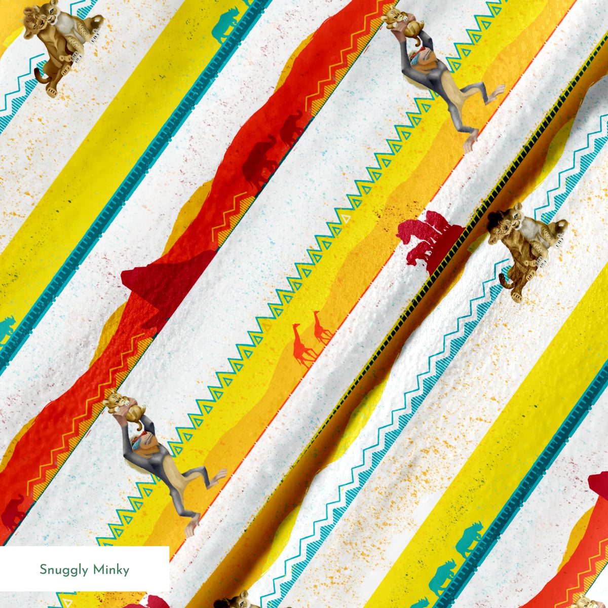 Colorful horizontal striped pattern featuring wildlife silhouettes including lion, elephant, and animals in savanna landscapes. springs minky texture