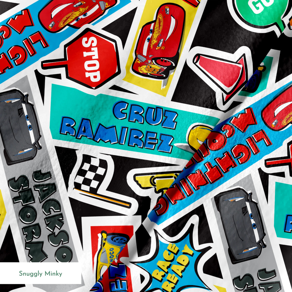 Colorful Cars movie stickers featuring Lightning McQueen, racing themes, and car motifs in vibrant colors. springs minky texture