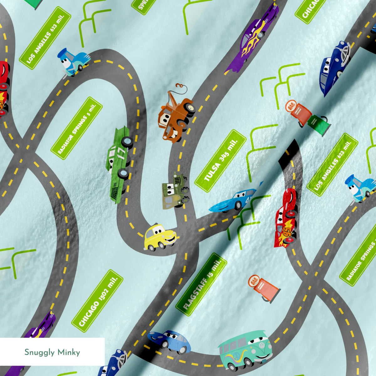 Cars from "Cars" movie on winding road with green speech bubbles showing different car brands and gas stations. springs minky texture