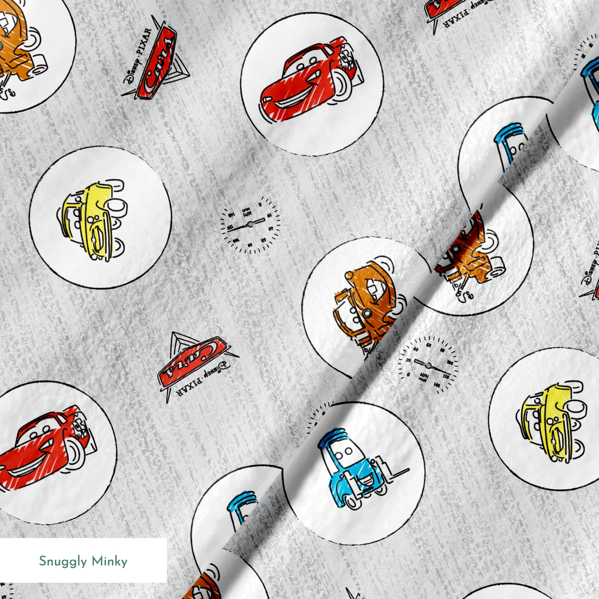 Cartoon Cars movie characters in white circles on a light gray sketched background with Cars logos springs minky texture
