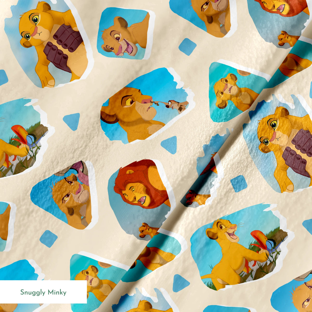 Young lion cub characters from The Lion King in a repeating pattern on cream background springs minky texture