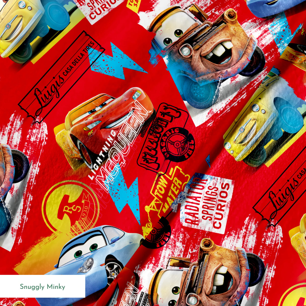Colorful Cars movie characters pattern featuring Lightning McQueen and Mater on red background with logos springs minky texture