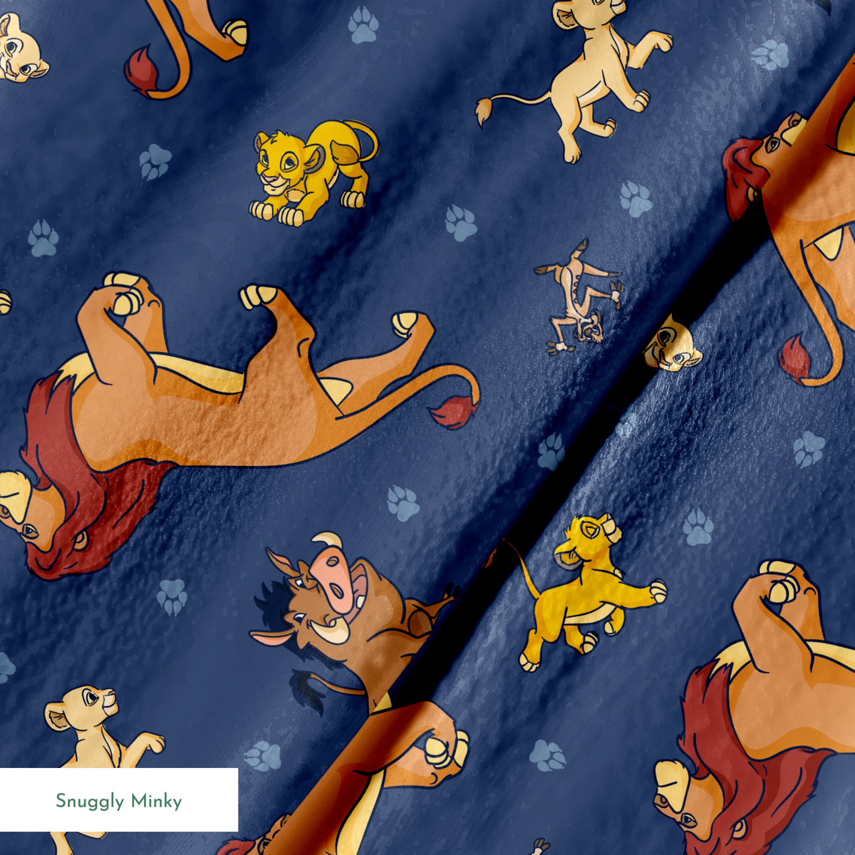 Colorful cartoon lions and characters from The Lion King scattered on dark blue background with paw prints springs minky texture