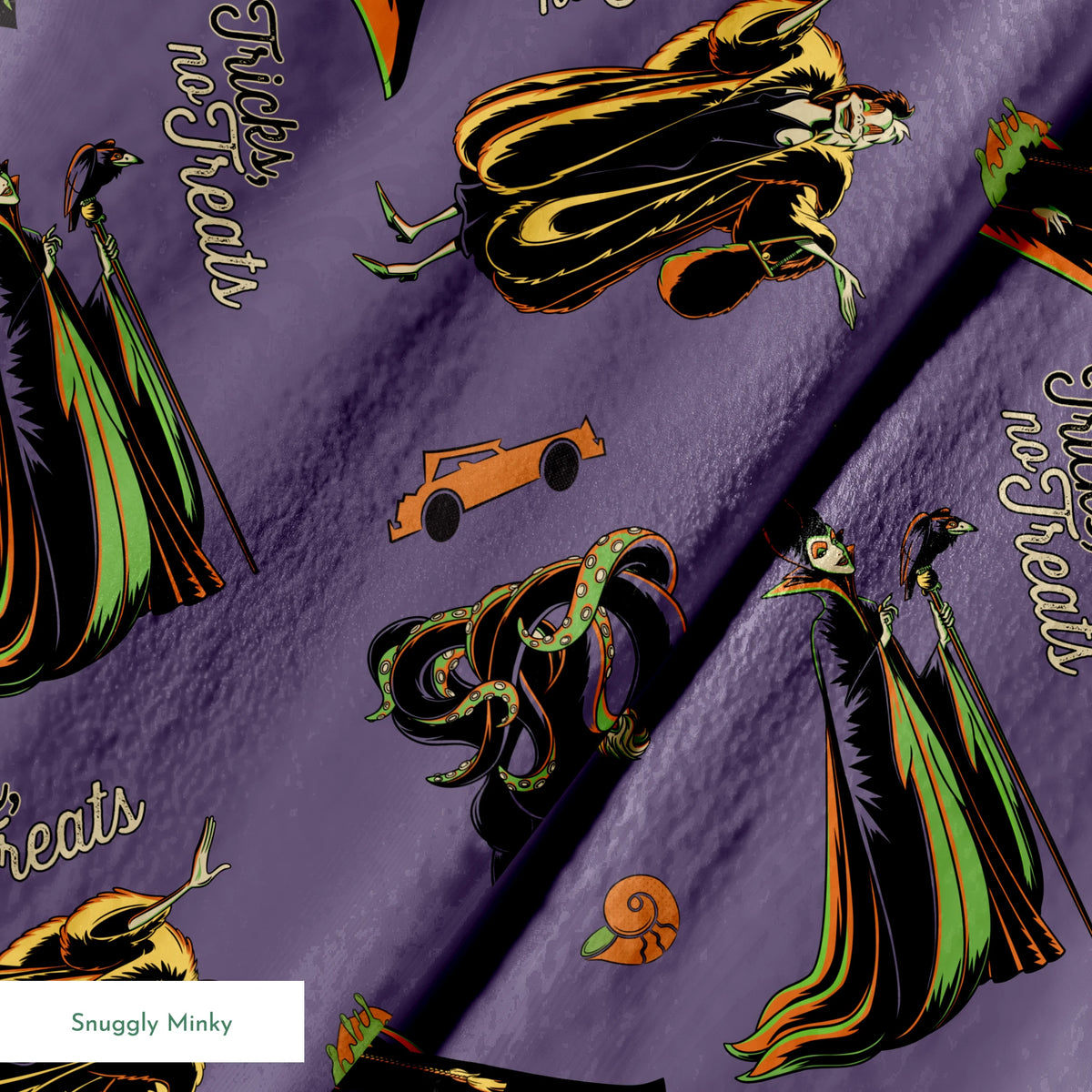 Cartoon villains pattern featuring Maleficent and other Disney antagonists on purple background springs minky texture
