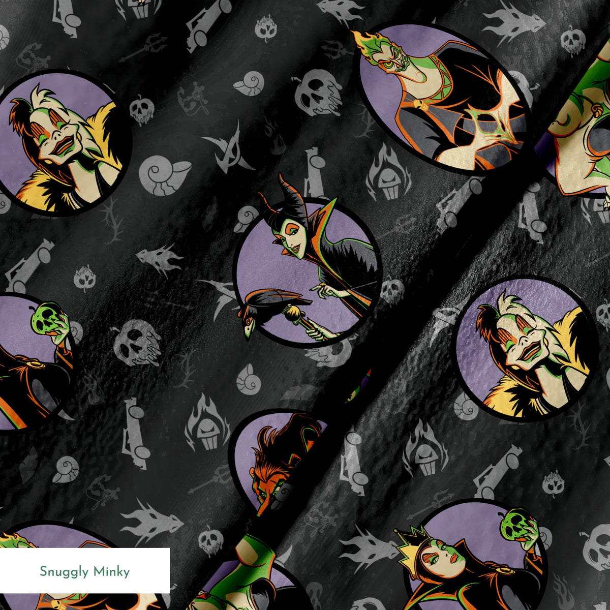 Cartoon Disney villains in purple circles on dark gray background with villain-themed icons springs minky texture