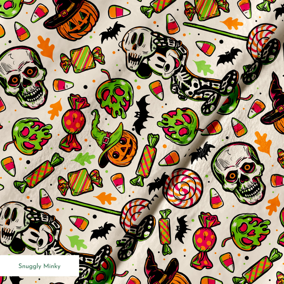 Halloween pattern with skulls, pumpkins, candy corn, wrapped candies, lollipops, bats, and autumn leaves on cream background springs minky texture