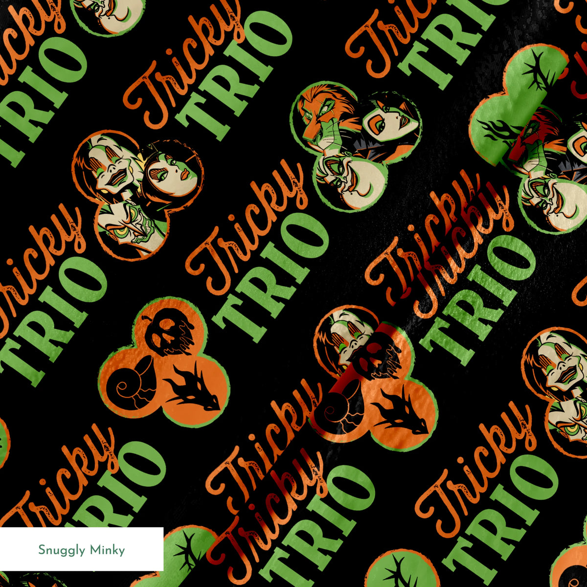 Disney Halloween pattern with "Tricky TRIO" text in orange and green, featuring Disney Villains, pumpkins, and ghostly designs on black background springs minky texture