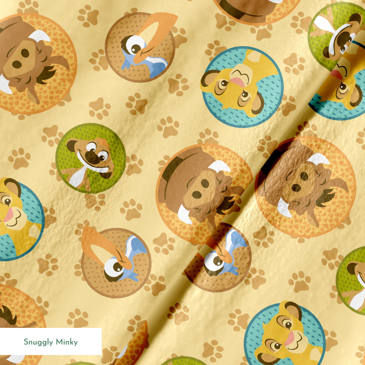 Cartoon animal faces in circular frames on beige background with paw prints - lion, monkey, dog, bird springs minky texture