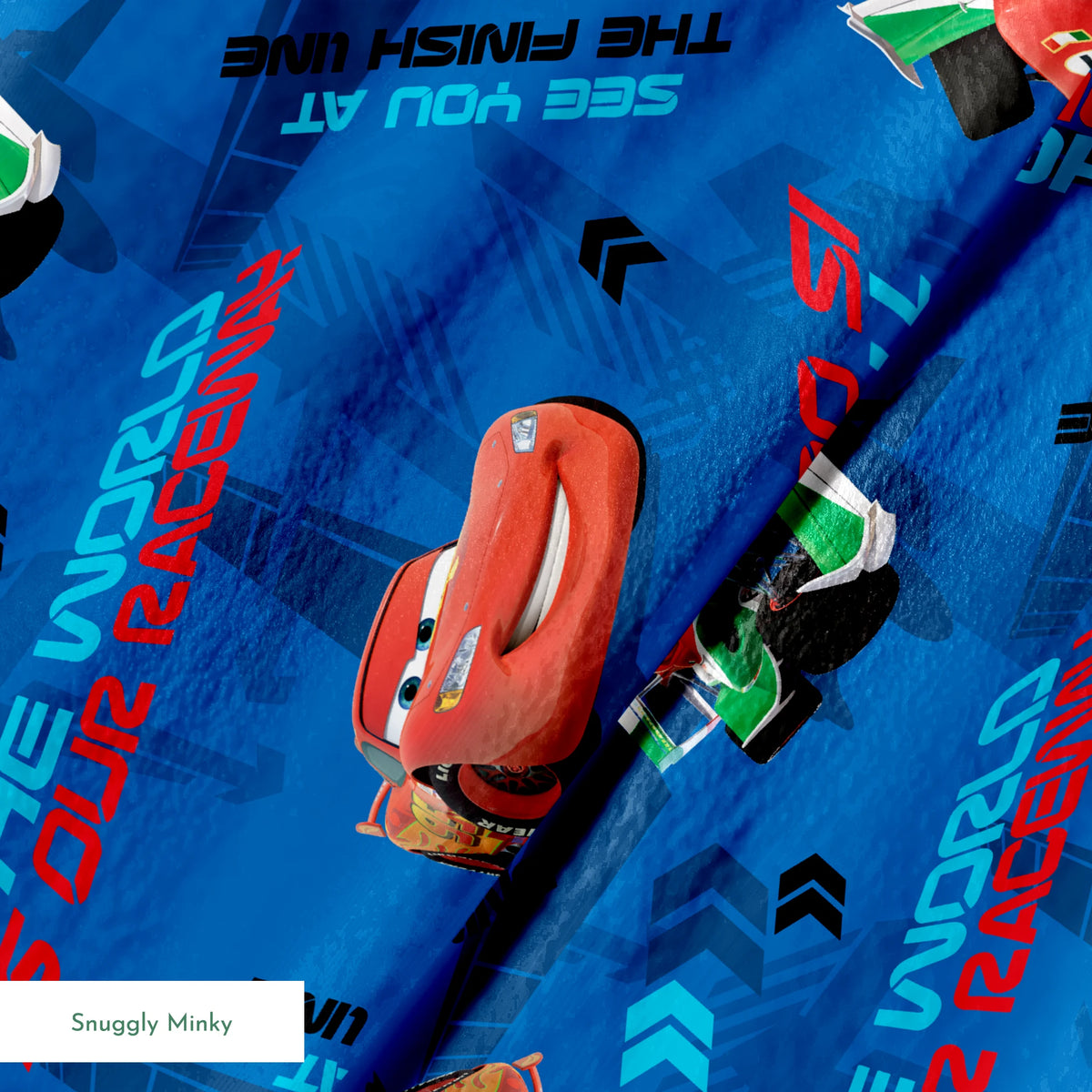 Blue fabric pattern with animated red race cars, "The World of Cars" text, and directional arrow designs springs minky texture