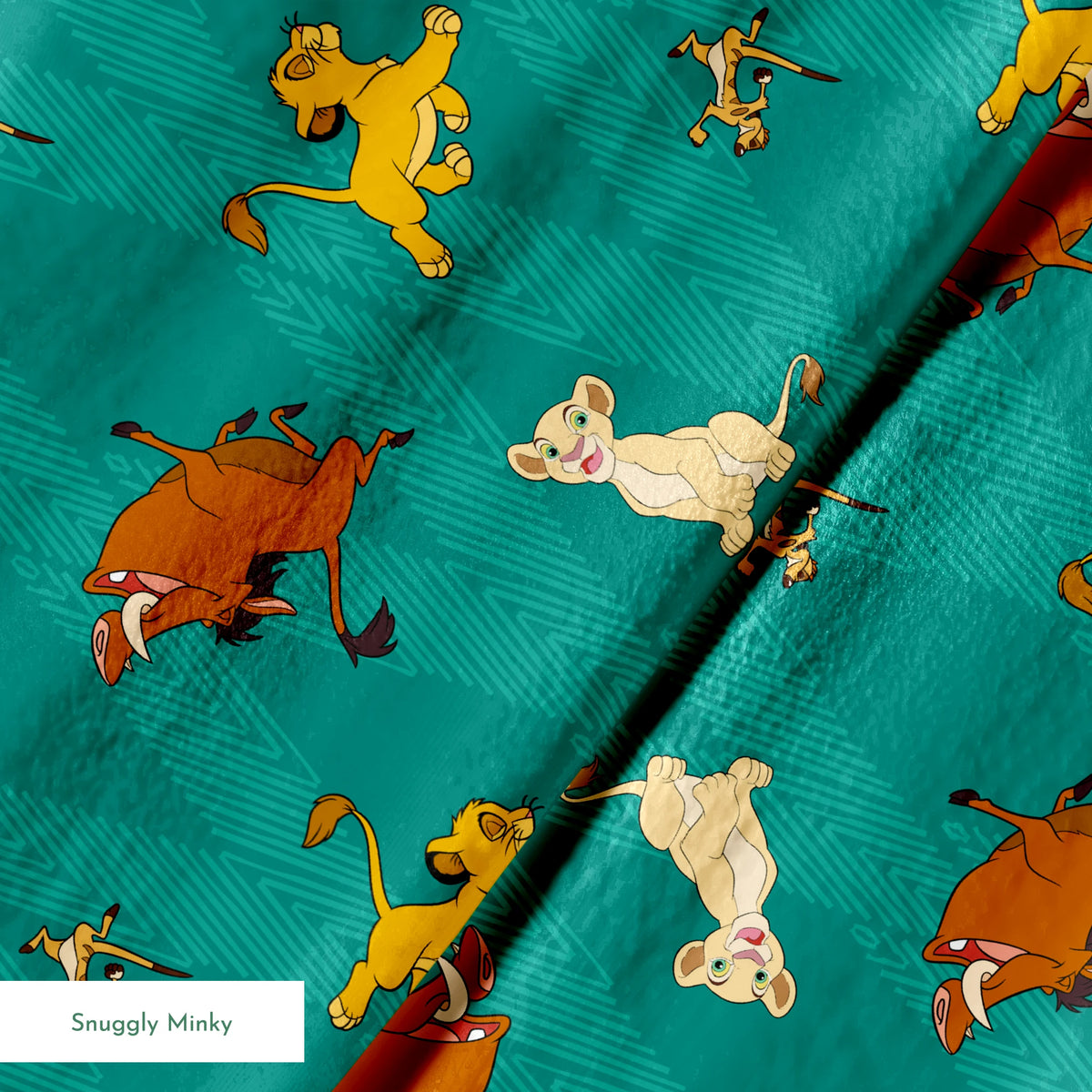 Lion cubs in various poses on teal zigzag background; yellow, cream, and brown lions jumping and sitting springs minky texture