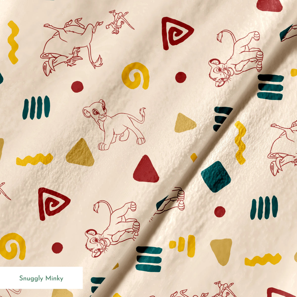 Abstract pattern with line art animal sketches, geometric shapes in teal, yellow, and burgundy on beige background springs minky texture