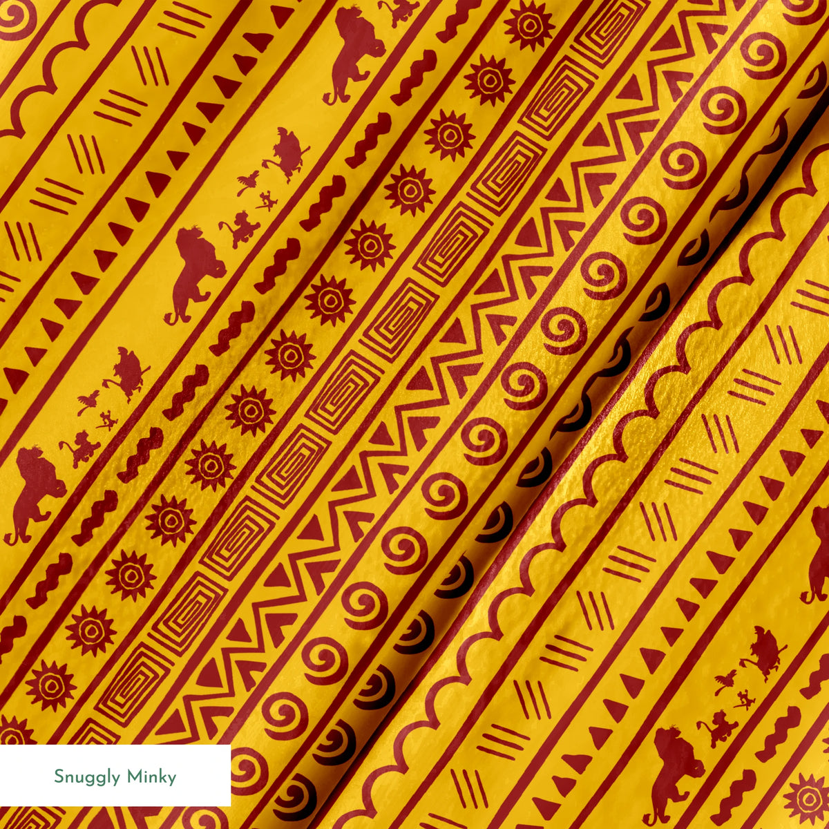 Traditional African pattern in yellow and maroon with spirals, lions, geometric designs, and sun symbols arranged in horizontal bands springs minky texture