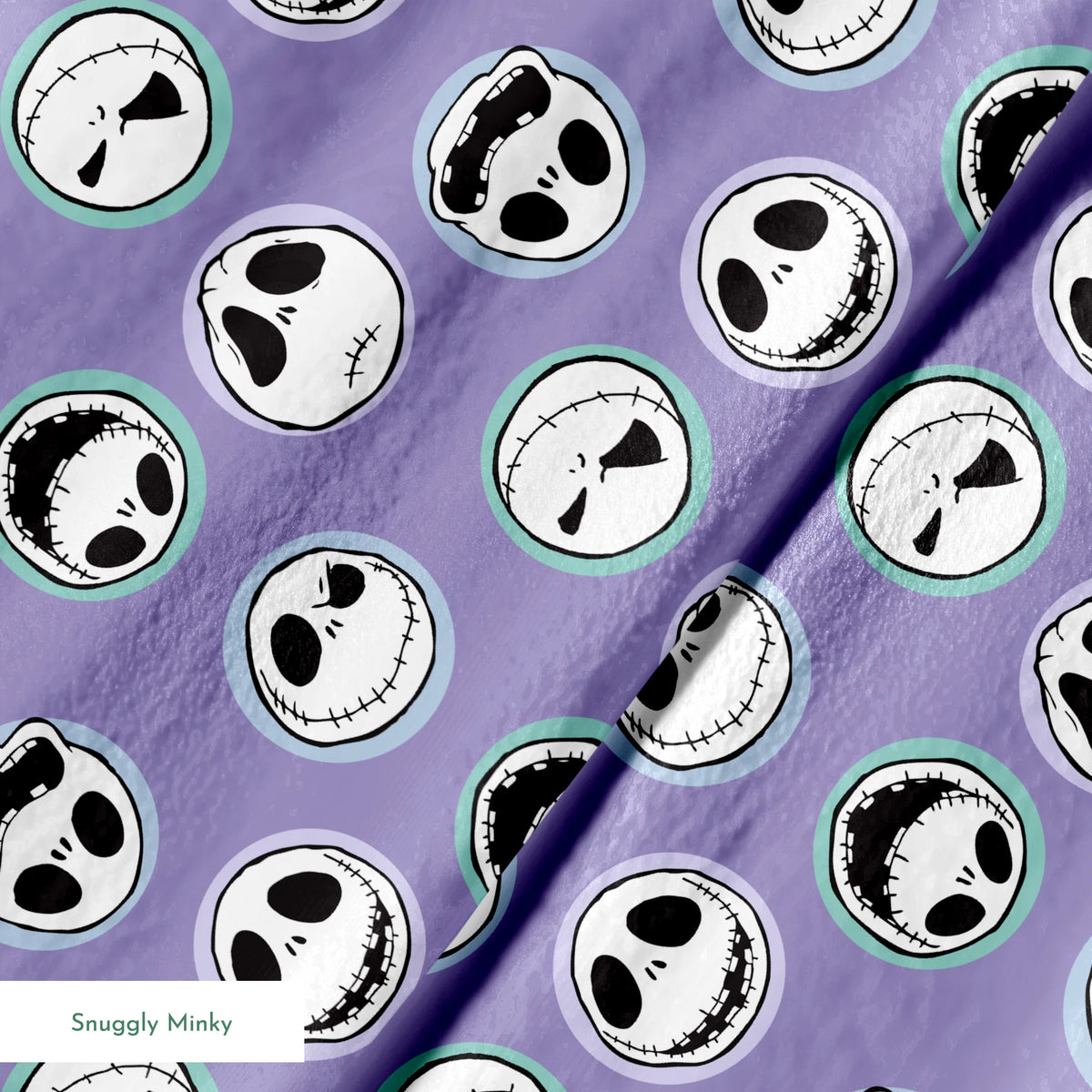 Repeating skull faces with stitched mouths and large eyes on purple background in cartoon style springs minky texture