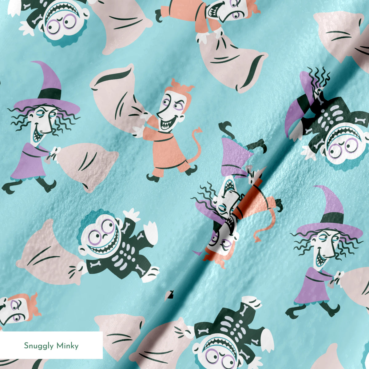 Whimsical pattern of cartoon characters in Halloween costumes on light blue background springs minky texture