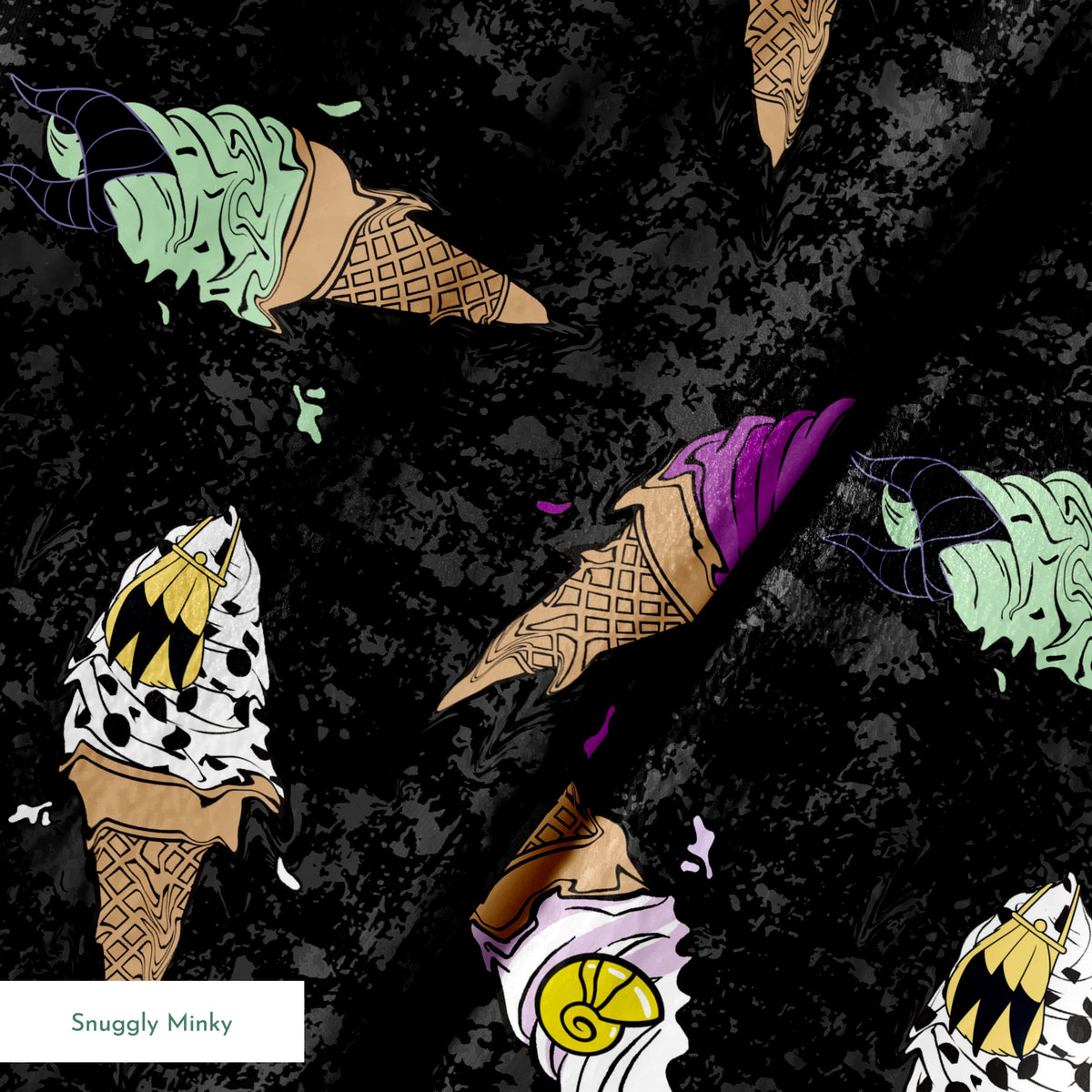 Disney Villain-inspired ice cream cones on black background springs minky texture