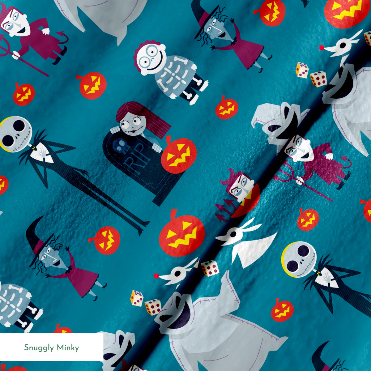 Halloween characters pattern with ghost, skeleton, witch, and pumpkins on teal background in cartoon style springs minky texture