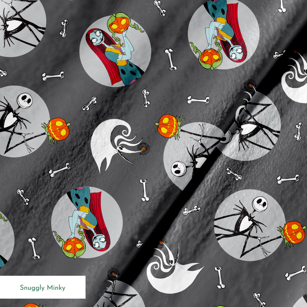 Nightmare Before Christmas themed pattern with Sally and Jack Skellington, pumpkins, bones, and ghostly designs on gray background springs minky texture