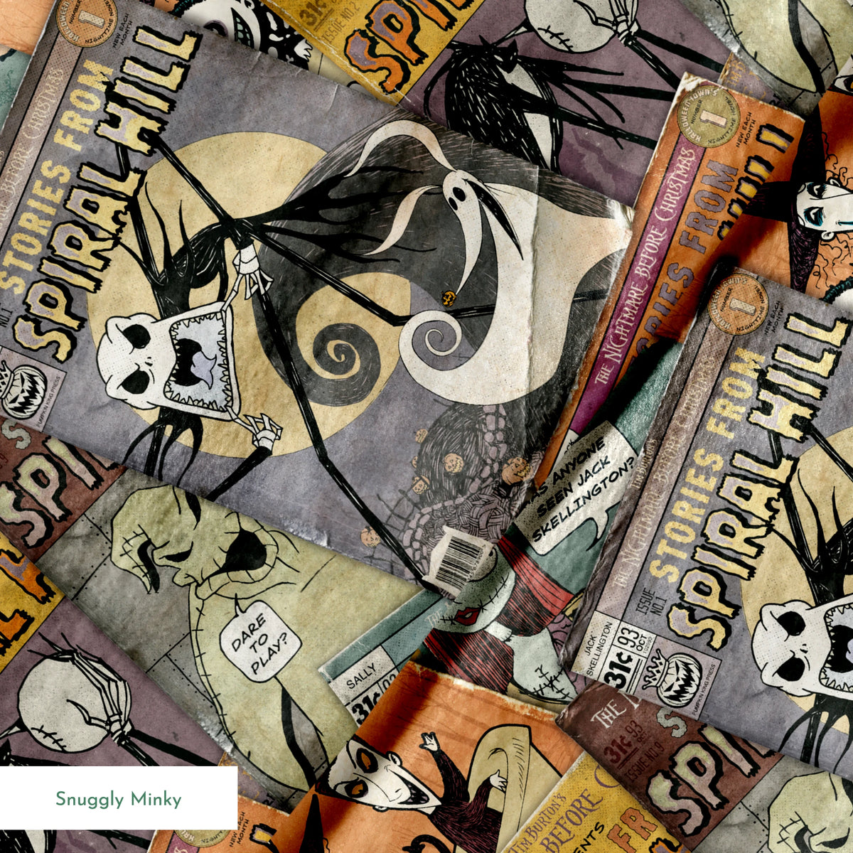 Vintage-style comic books featuring "Stories from Spiral Hill" with spooky skeletal characters on orange and gray covers springs minky texture
