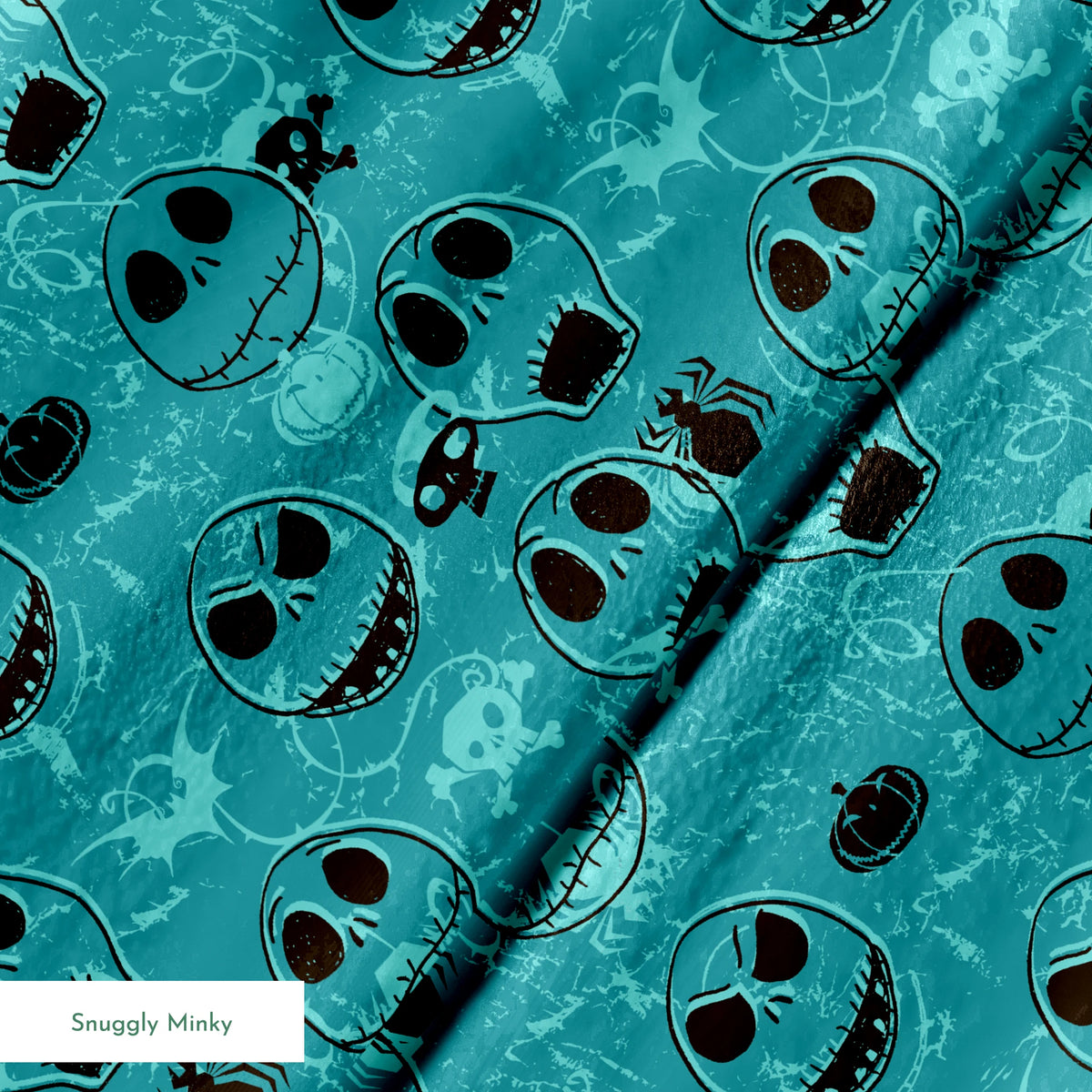 Teal pattern of cartoon skull faces with different expressions, Halloween elements like pumpkins and spiders springs minky texture