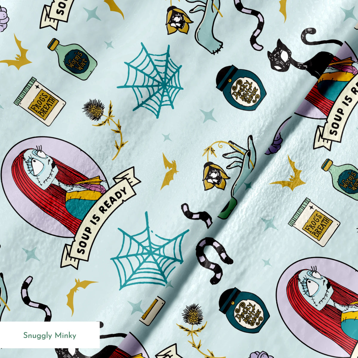 Whimsical pattern with skeletal figure in oval frame, black cats, spiderwebs, potion bottles, and "Soup is Ready" banners on light blue background. springs minky texture