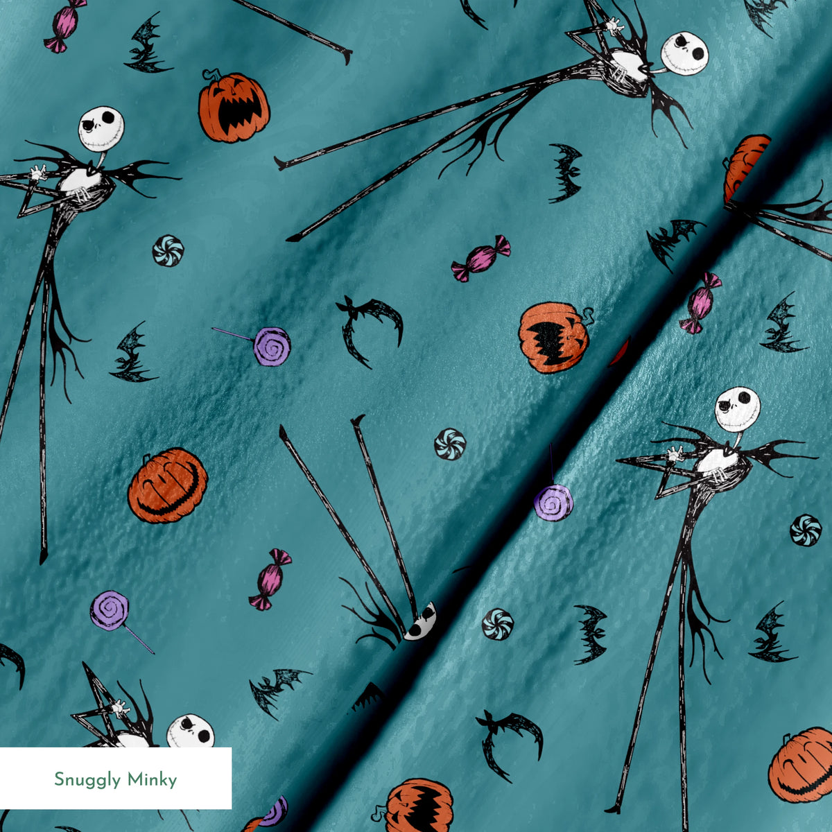 Halloween pattern with witch brooms, pumpkins, bats, candy, and creepy eyes on teal background springs minky texture