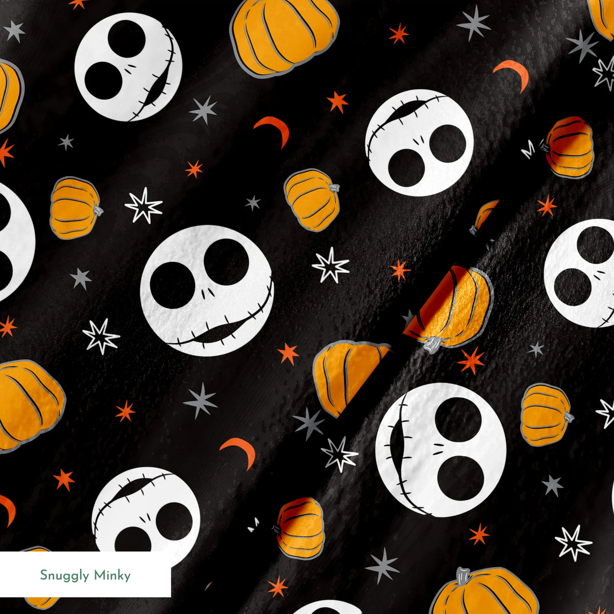 Halloween pattern with Nightmare Before Christmas characters, orange pumpkins, stars and crescent moons on black background springs minky texture