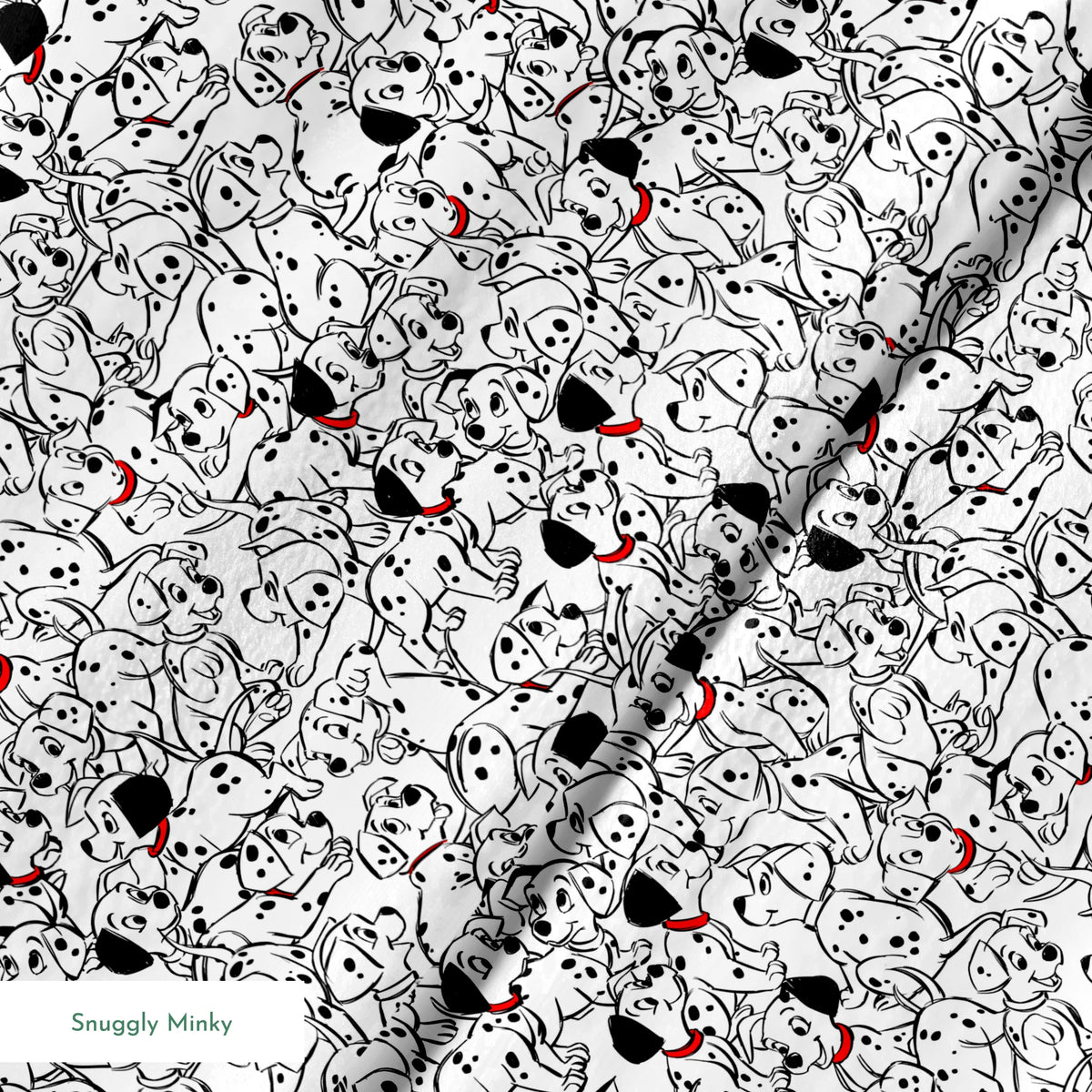 A densely packed pattern of Dalmatian puppies with black spots and red collars, creating a whimsical black and white illustration. springs minky texture