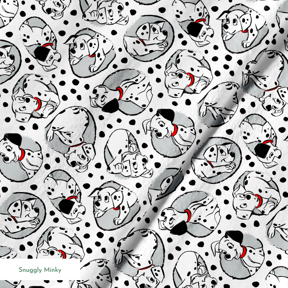 Cartoon pattern of Dalmatian puppies with black spots and red collars on white background springs minky texture