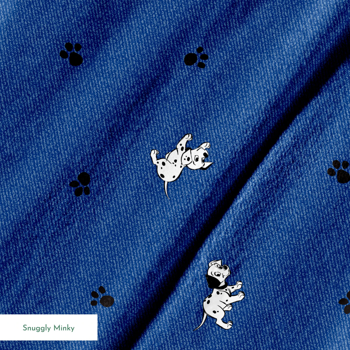Blue background with small white cartoon-style space astronauts and black paw prints scattered across the pattern springs minky texture