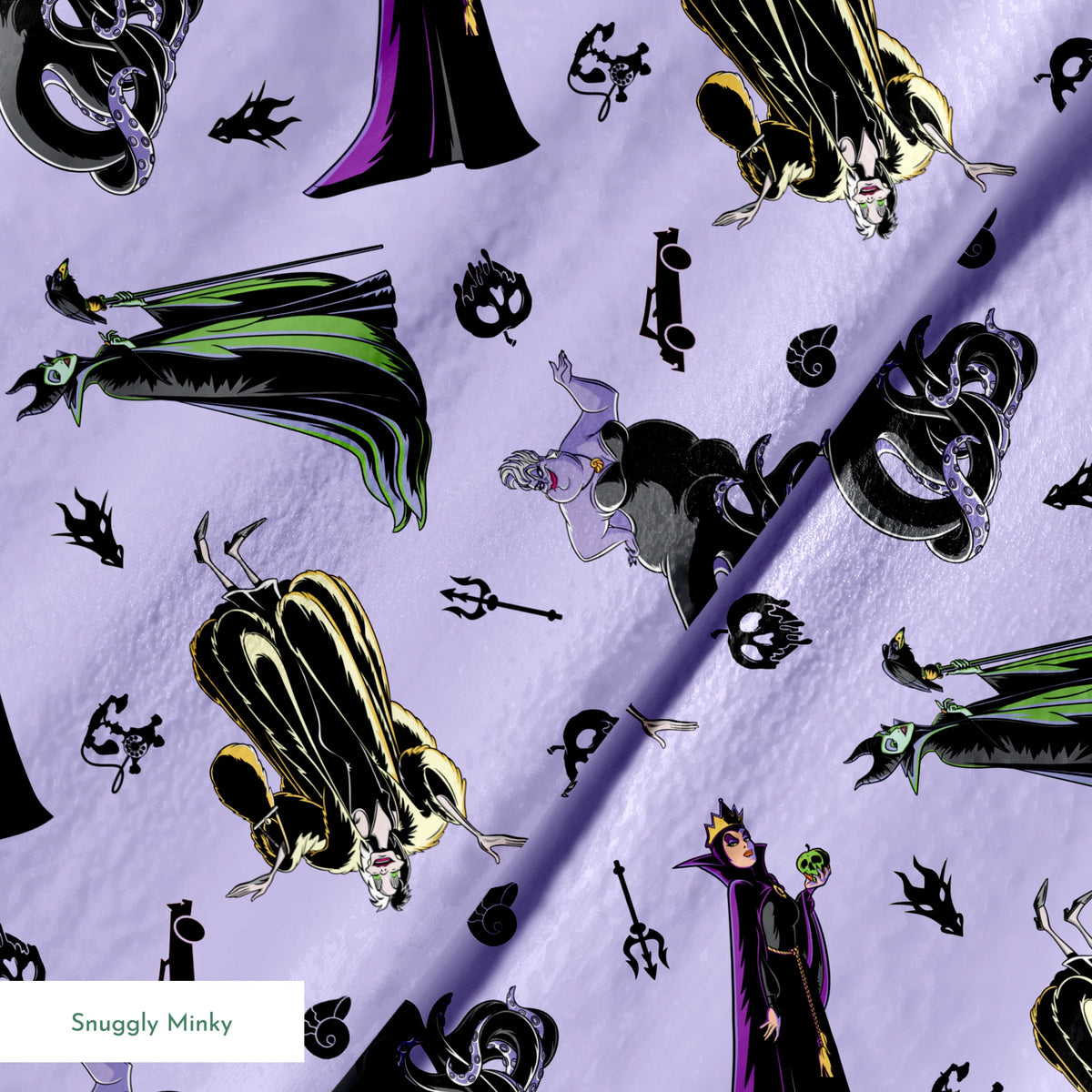 Disney villain characters pattern on purple background, featuring Maleficent and other iconic antagonists in stylized form springs minky texture