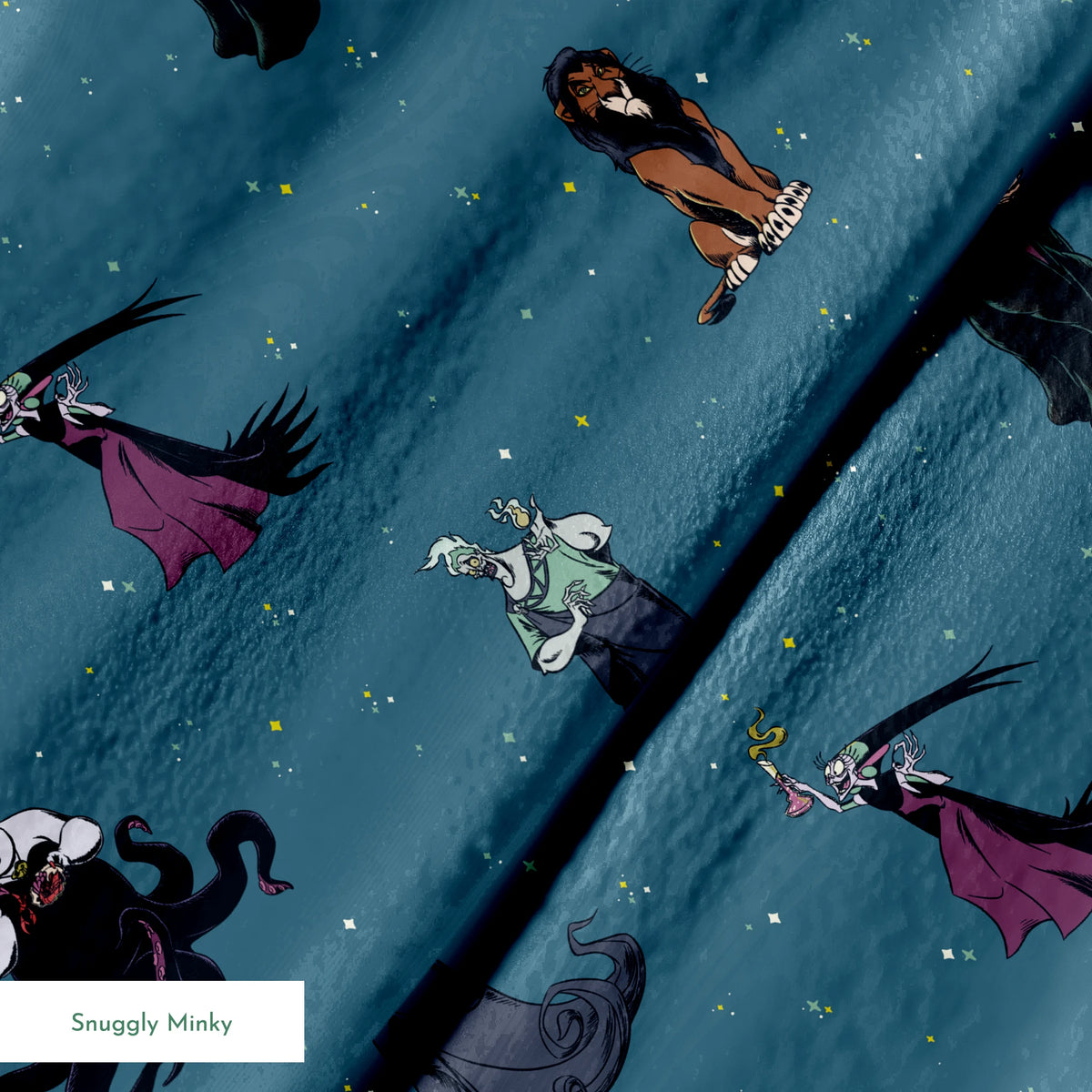 Disney villains pattern on teal background featuring Ursula, Maleficent, Cruella, and Scar in various poses springs minky texture