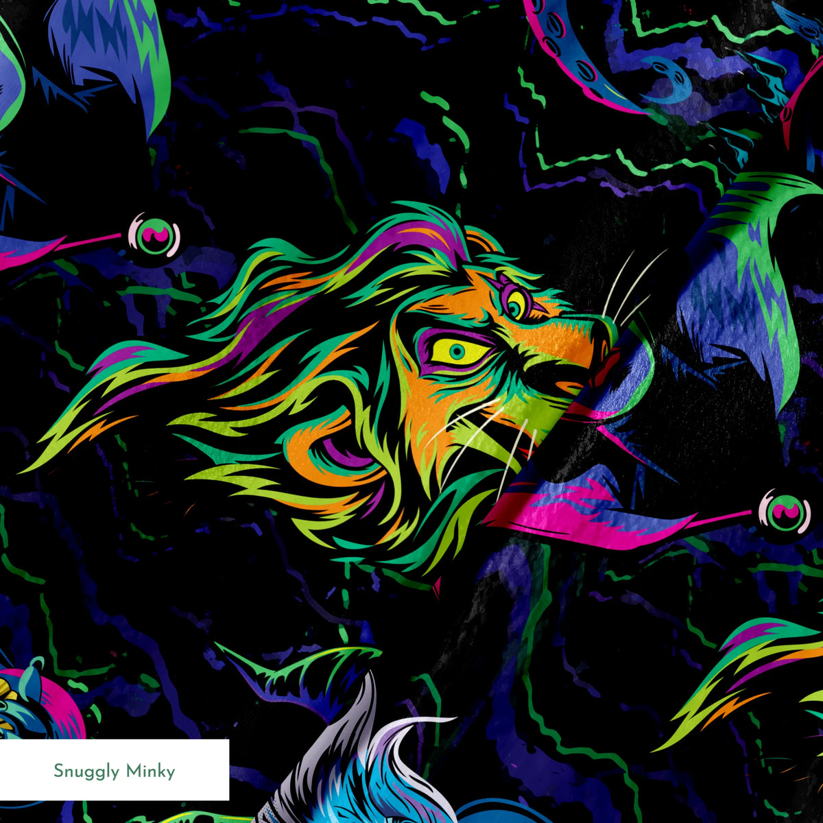Colorful Disney villains in neon colors against black background springs minky texture